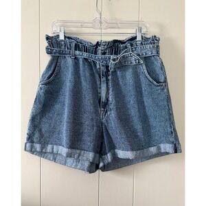 HM Women's Y2K  Paperbag Waist Denim Shorts Blue Acid Wash D-Ring Belt Size 14